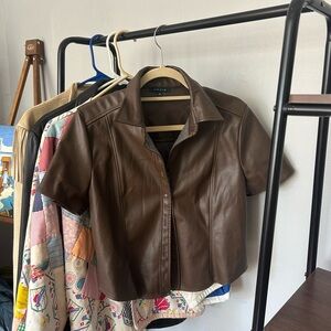 Kuriose LA Brown Vegan Leather Short Sleeve Button Up